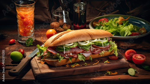 Tasty submarine sandwich on the wooden tableAI Generative photo