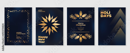 Luxury christmas invitation card art deco design vector. Christmas tree, snowflake, foliage, halftone texture on dark blue background. Design illustration for cover, poster, wallpaper.