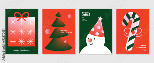 Merry christmas concept poster set. Cute gradient holographic background vector with vibrant color, christmas tree, snowman. Art trendy wallpaper design for social media, card, banner, flyer.