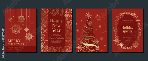 Luxury christmas invitation card art deco design vector. Christmas tree, snowflakes, firework line art on red background. Design illustration for cover, poster, wallpaper.