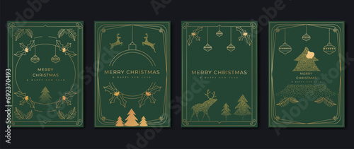 Luxury christmas invitation card art deco design vector. Christmas tree,  bauble ball, holly line art, reindeer spot texture on green background. Design illustration for cover, poster, wallpaper.