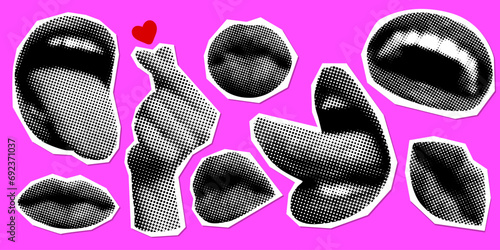 Retro halftone mouth and hands. Woman shows tongue. Heart hand. Hand gesture sign i love you. Kissing lips. Modern collage. Pop art. Valentines day design elements. Trendy vintage newspaper parts