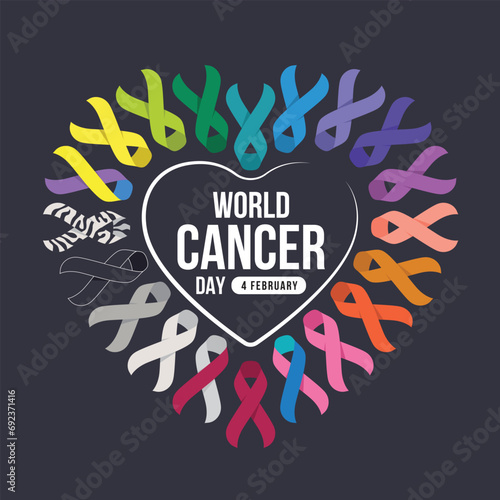 World cancer day text in heart shape frame with set of ribbons of different colors against cancer on dark background vector design