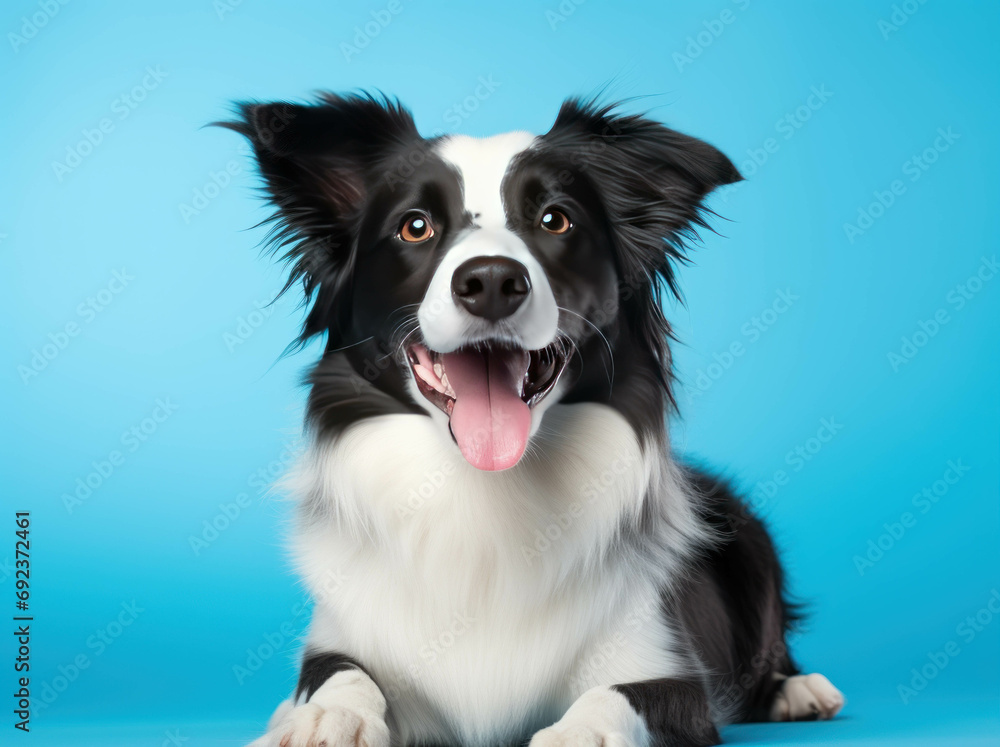 Border collie dog is standing on a blue background, isolated