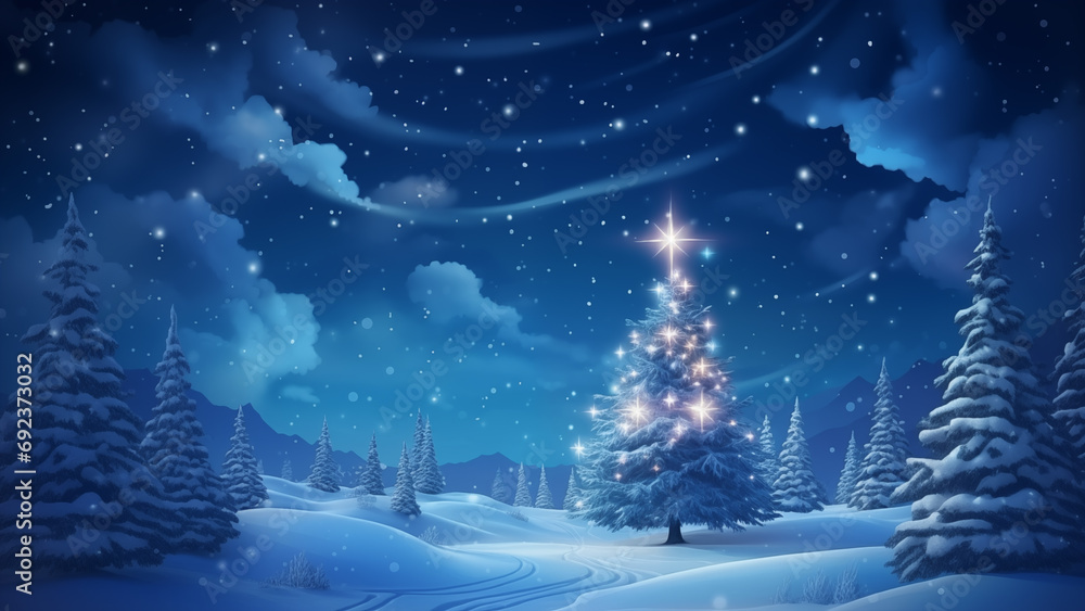 Illustration of a beautiful Christmas tree set on a fantastic background with stars in a winter night