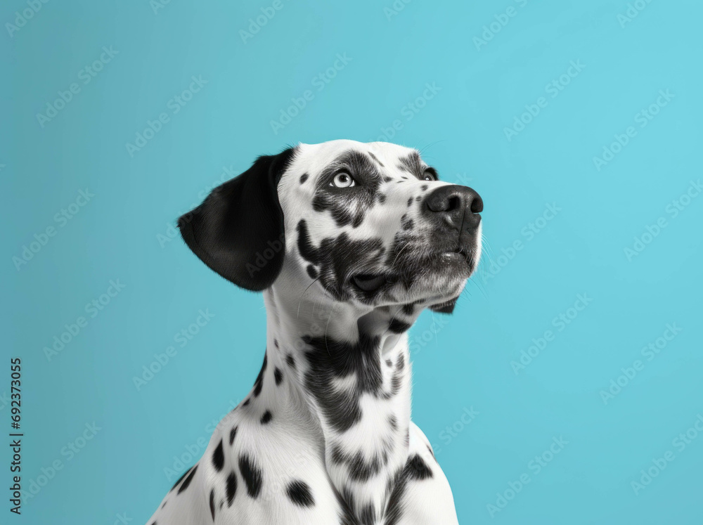 Dalmatian dog is standing on a blue background, isolated