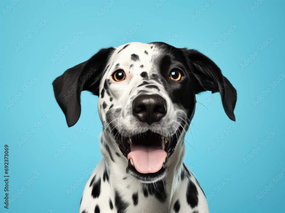 Dalmatian dog is standing on a blue background, isolated