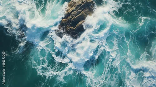 Churning sea waves crash against rugged rocks in this captivating aerial shot.