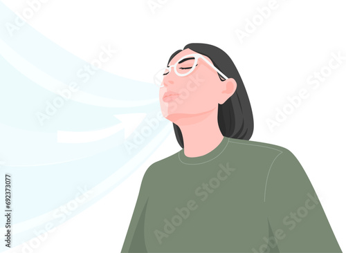 A young woman eyes closed thinking and breathing fresh air with happy emotion in flat vector illustration.