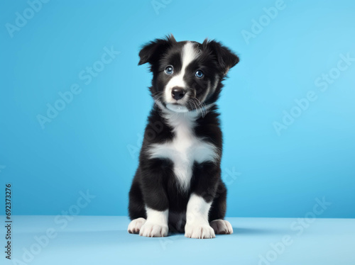 Dog is standing on a blue background, isolated