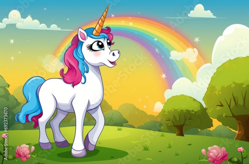 Cartoon unicorn with rainbow and stars