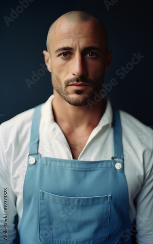 A man in a kitchen apron. Chef work in the cuisine. Cook in uniform, protection apparel. Job in food service. Professional culinary. Blue fabric apron, casual clothing. Baker posing. Generated AI