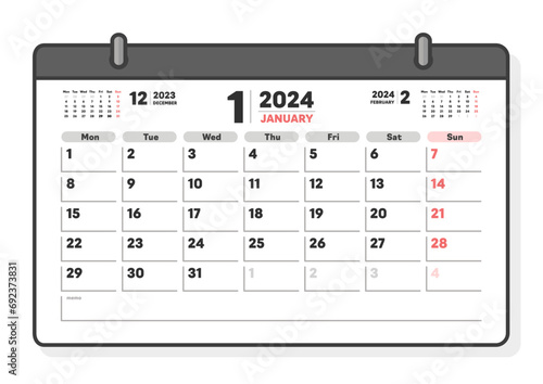 2024年1月のシンプルなカレンダー - 月曜始まりの月めくりカレンダー - 3ヶ月分･A版比率
