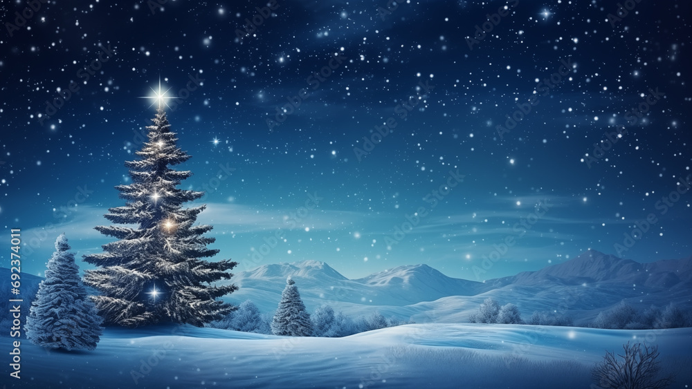 Illustration of a beautiful Christmas tree set on a fantastic background with stars in a winter night