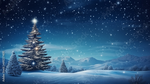 Illustration of a beautiful Christmas tree set on a fantastic background with stars in a winter night © 대연 김