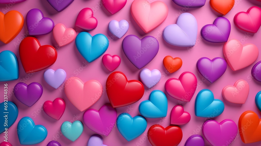 Colorful hearts arranged in a pattern for Valentine’s Day. Romantic atmosphere.