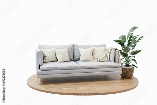 cozy white couch and green plant on wooden podest on infinite background  cozy relaxation home living room concept  3D rendering