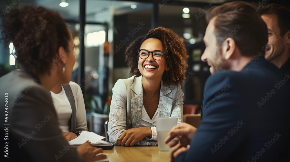 Smiling, diverse business people talking in office meeting. Generative AI. Smiling, diverse business people talking in office meeting. Generative AI.