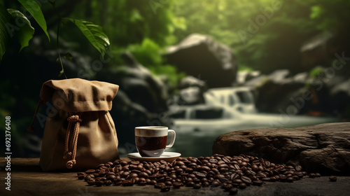 Coffee cup and a bag of roasted coffee beans on the natural green plantation background