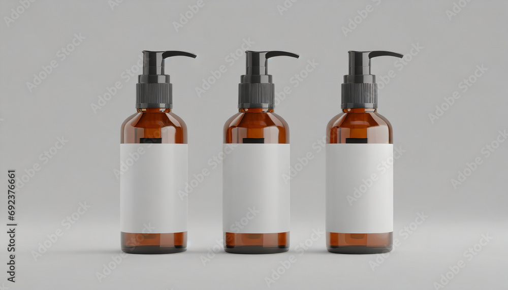 Amber Spray Bottle Mockup ; Three Bottles, Blank Labels, bottles falling from above, 3D Illustration