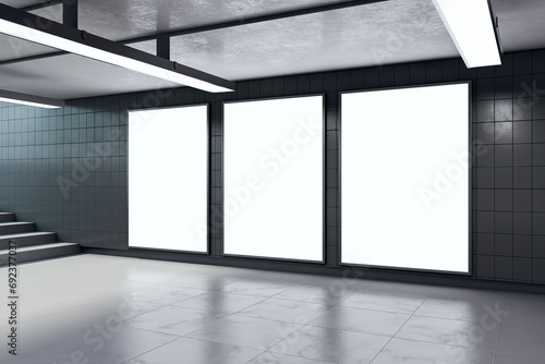 Modern underground passage with empty mock up posters, ceiling lamps and stairs. Subway tile wall. 3D Rendering.