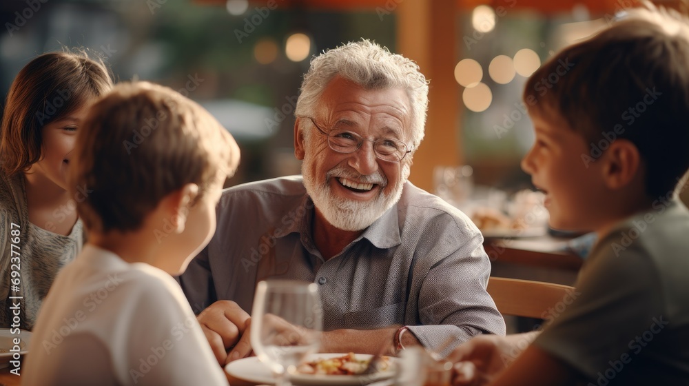 Happy senior grandfather talking and having fun with grandchildren at lunch