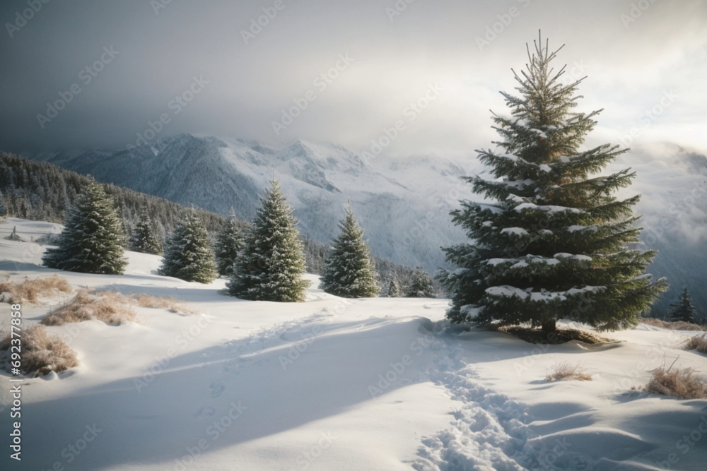 landscape and christmas trees covered with snow on mountains landscape and christmas trees covered with snow on mountains