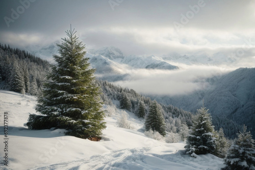 landscape and christmas trees covered with snow on mountains