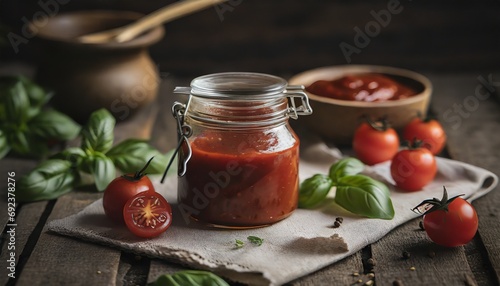 Vidro de Molho de tomate caseiro em mesa em estilo dark food photo