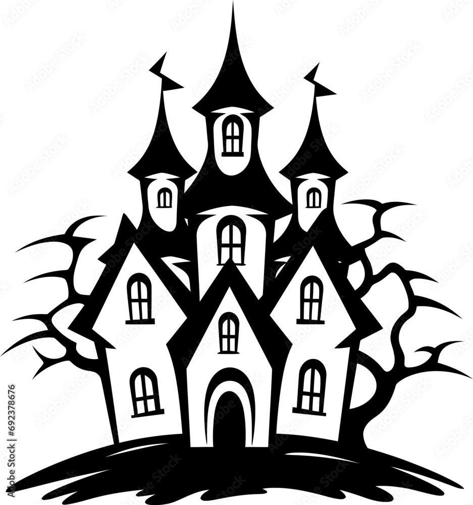 Haunted castle halloween silhouette in black color. Vector template for laser cutting.