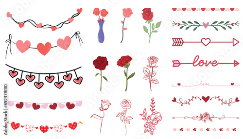 Fototapeta Naklejka Na Ścianę i Meble -  Valentine day, flowers,  hanging heart, roses illustration, love valentine arrows, heart arrow, Red Rose, Pink Rose 