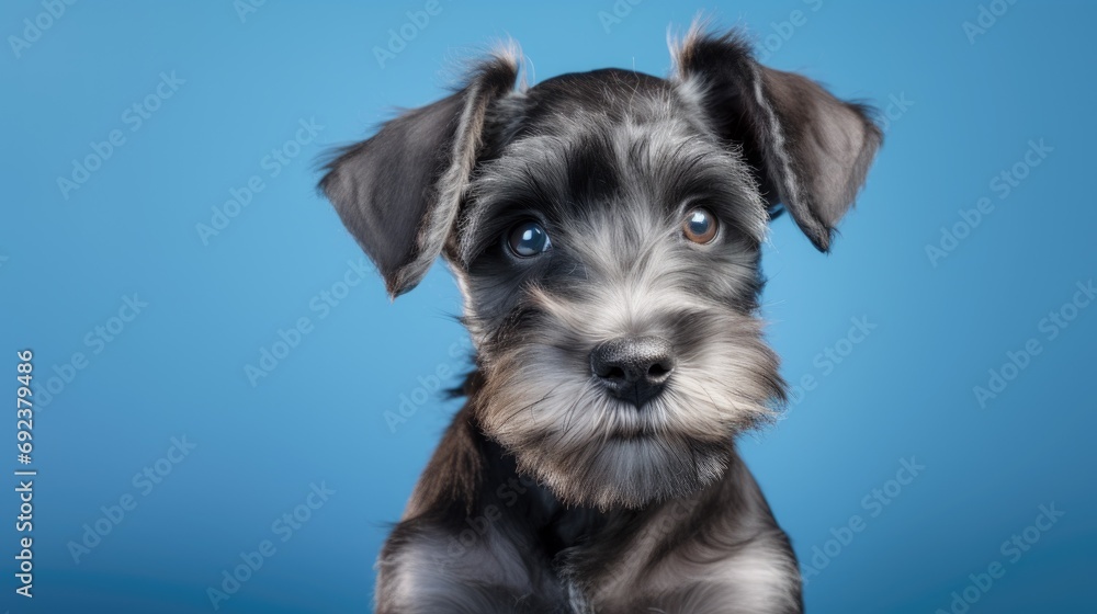 Portrait of Schnauzer puppy one year old on blue backdrop with copy space