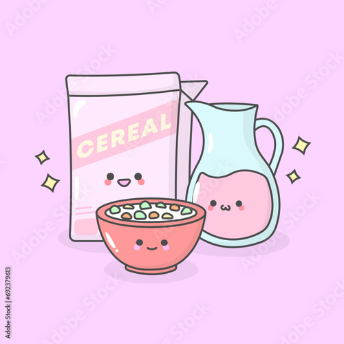 Vector Breakfast Cereal Milk bowl with cute facial expressions and pastel colour