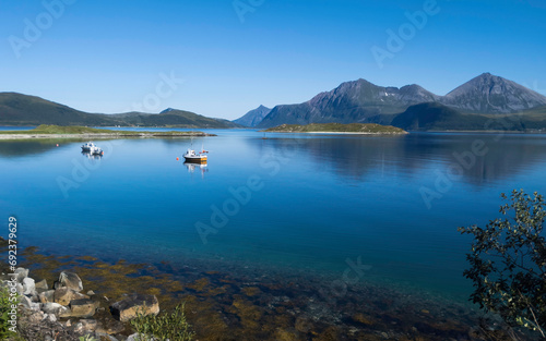 Fishing boat on Kattfjord, on the island of Kvaløya (Norway)