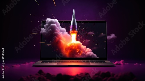 Rocket coming out of laptop screen, black purple background