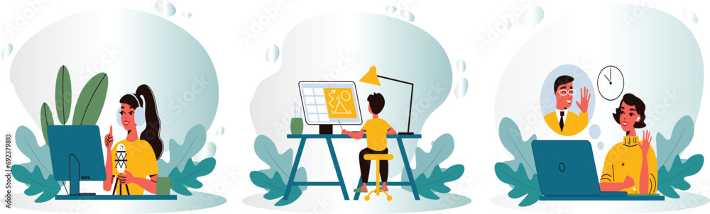 Stance learning illustration set. Characters with people home working places.