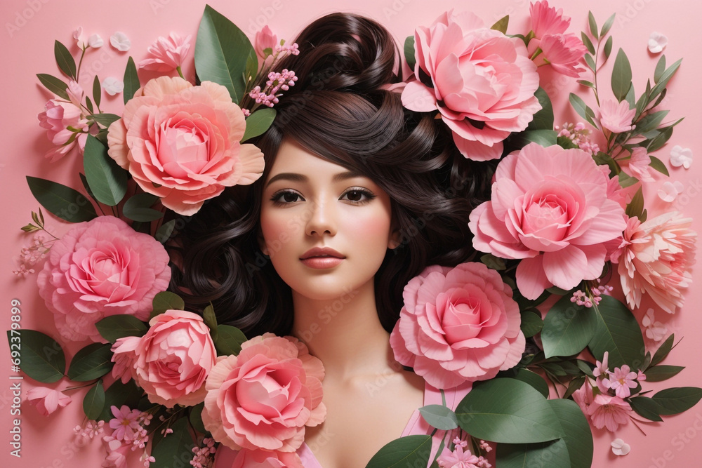 a woman surrounded by pink flowers and greenery, a photorealistic a woman surrounded by pink flowers and greenery, a photorealistic