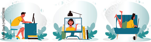 Stance learning illustration set. Characters with people home working places.