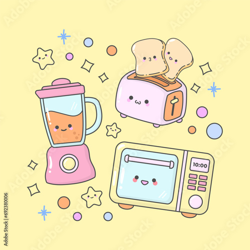Vector Kitchen appliances blender toaster microwave with cute facial expressions and pastel colour