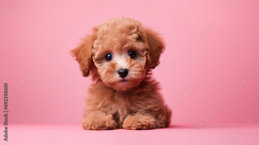 Toy Poodle puppy on pink backdrop with copy space