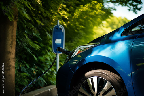 AI generated image. Electric charging station and parked blue car in a green park zone photo