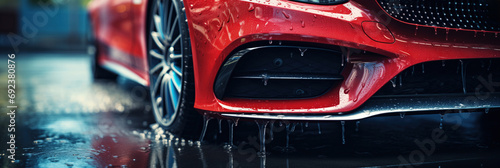 Close Up Panorama of Luxury Sports Car During a Wash with Water Droplets