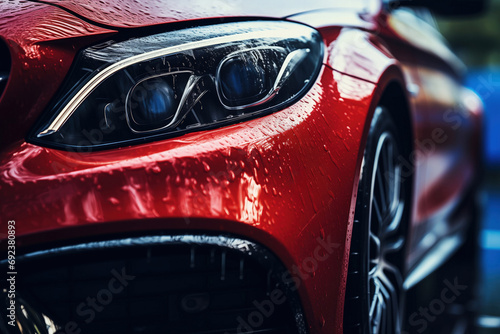 Panorama Close up View of a Luxurious Sports Car During a Wash with Visible Water Droplets © fotogurmespb