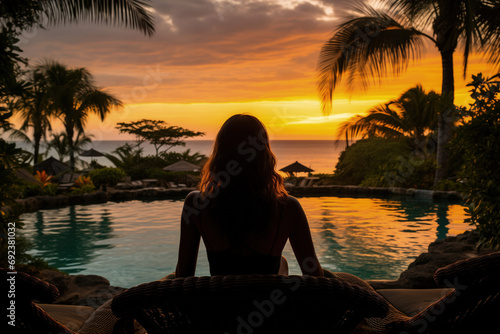 Peaceful Sunset by the Pool as Woman Relaxes in a Tropical Vacation Atmosphere © fotogurmespb