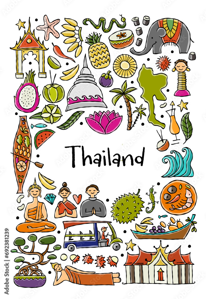 Travel to Thailand. Concept art design with Siam elements, map, people and landmarks, thai food etc. Vertical card with place for your text. Vector illustration