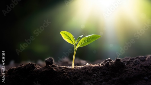 A close up macro photo of a young green tree plant sprout growing up from the black soil, sunshine shinning a light. Growth new life concept