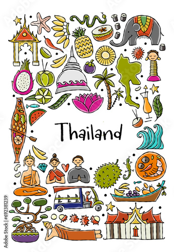 Travel to Thailand. Concept art design with Siam elements, map, people and landmarks, thai food etc. Vertical card with place for your text. Vector illustration (ID: 692381239)