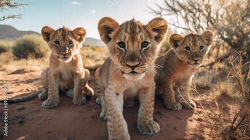 A group of young small teenage lions curiously looking straight into the camera in the desert, ultra wide angle lens
