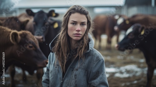 A modern young female farmer taking care of her cattle, cows and bulls on a canadian or danish farm. Student in dirty clothes working with animals in winter photo