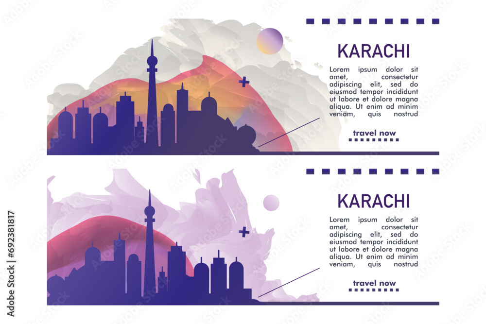 Karachi city banner pack with abstract shapes of skyline, cityscape, landmark. Pakistan travel vector horizontal illustration layout set for brochure, website, page, presentation, header, footer